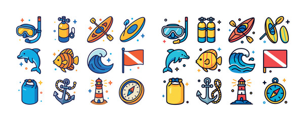Colorful nautical and diving icons with marine animals and equip