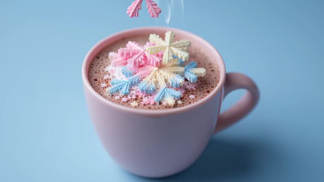 hot chocolate mug with floating pastel snowflake above, surreal winter lifestyle
