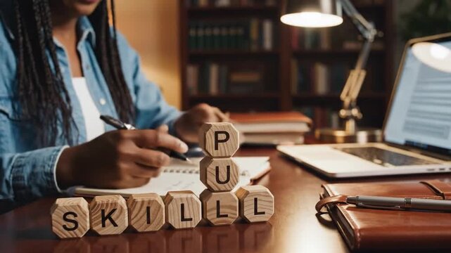 African American Woman Stacking Wooden Blocks Spelling Skill Up on Desk with Laptop and Books in Office with Natural Light 190 Characters