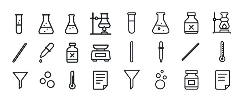 Science lab icons: beakers, test tubes, thermometers, and more