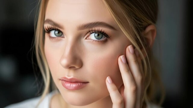 Beautiful young adult caucasian female with perfect skin touching her face gently. Natural makeup and skincare routine for a healthy glowing complexion and wellness