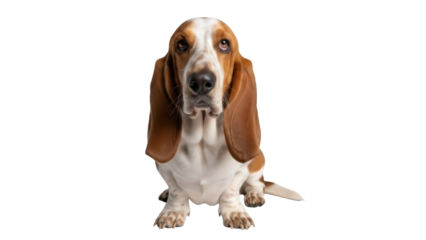 Isolated Basset Hound dog breed sitting looking forward with adorable floppy ears, tail visible