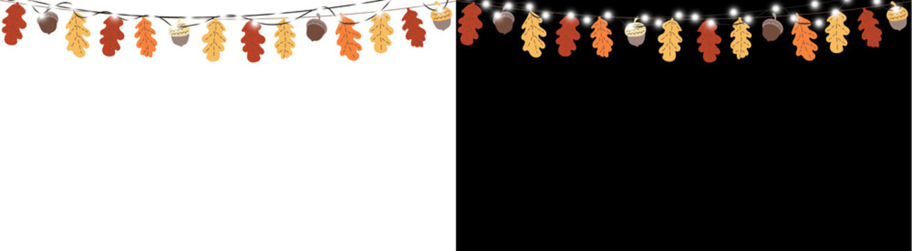 PNG image of&nbsp;String lights adorned with colorful autumn oak leaves and acorns create a festive fall border decoration against a on transparent background