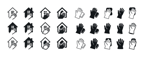 Naklejka premium Collection of hand and house icons in black and white style