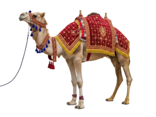 Isolated dromedary camel, decorated for a parade or festival, Middle Eastern animal tradition