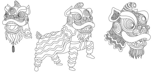 Chinese Lion Dance Vector Illustration Set, Traditional Lunar New Year Coloring Page Elements