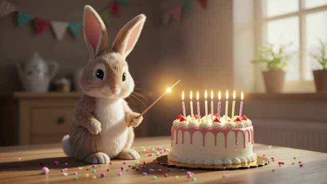 Adorable fluffy bunny rabbit holding a magic sparkler wand, illuminating a birthday cake on a wooden table for a joyous celebration concept and magical childhood memory
