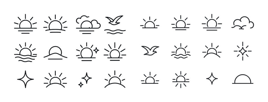 Set of minimalist sunrise and sunset icon designs with clouds an