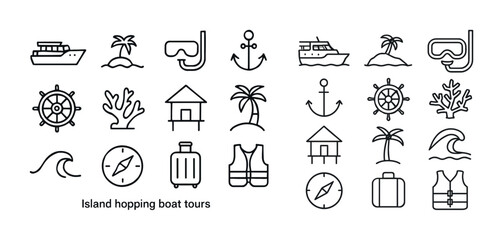 Nautical adventure icons: boats, islands, snorkeling, compass, a
