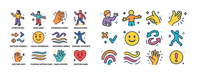 Diverse illustrative symbols of gesture and emotion with male an