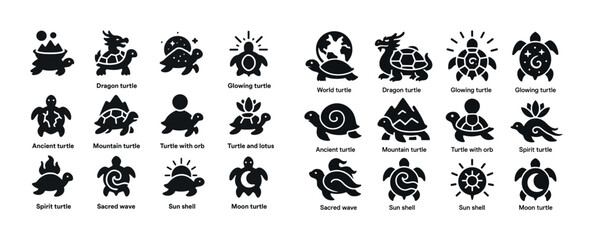 Silhouettes of various mythical turtles and symbols