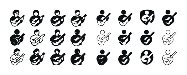 Fototapeta premium Diverse guitarist icons: black and white symbol collection