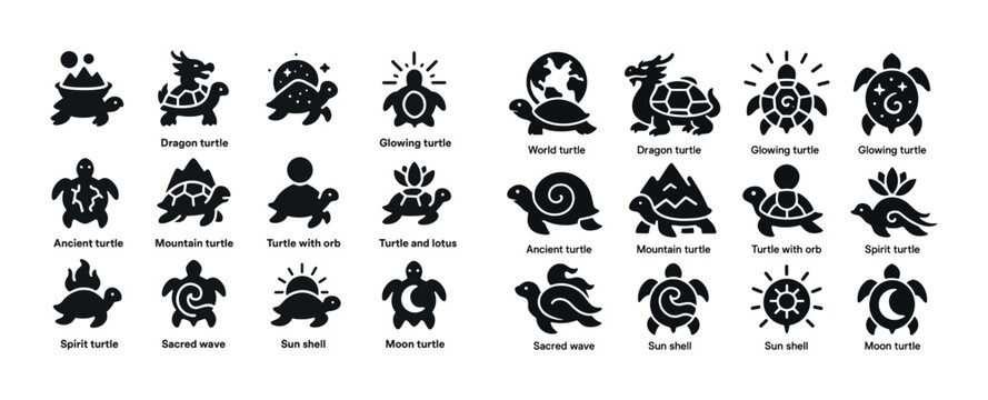 Silhouettes of various mythical turtles and symbols