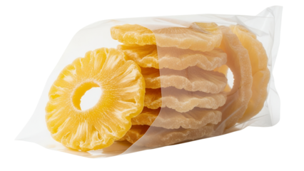 A fresh closeup of sliced dried pineapple on a packaging plastic, white background isolated