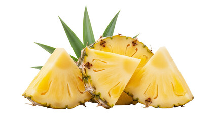 A fresh ripe juicy pineapple with slices and a green crown is isolated on a white background as a healthy delicious tropical fruit object