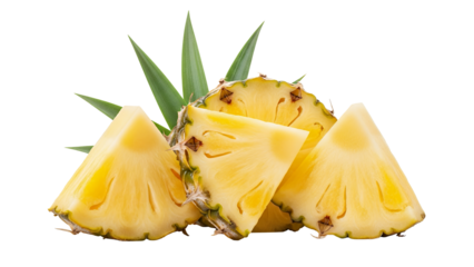 A fresh ripe juicy pineapple with slices and a green crown is isolated on a white background as a healthy delicious tropical fruit object