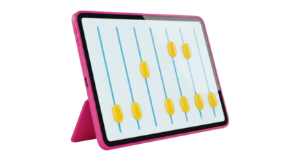 Isolated pink tablet device displays audio level sliders with no background, minimal theme
