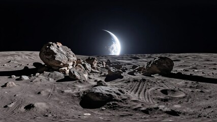 Lunar Landscape with Earth in the Sky and Rocky Terrain