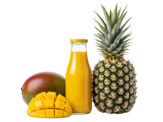 Healthy pineapple juice and tropical fruits like ripe pineapple, and mango are isolated on white