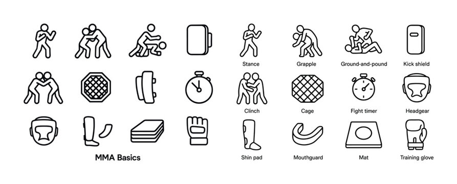 Mma basics icons: stance, grapple, headgear, cage, timer