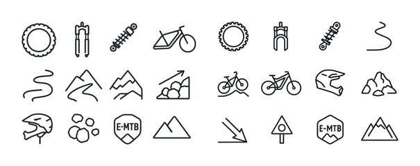 Mountain biking icons: gear, trails, and safety symbols for cycl