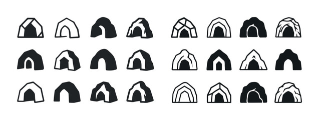 Set of 20 black and white stone arch icons - rocky cave illustra