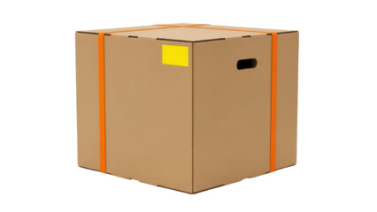 Isolated cardboard box with orange straps, ready for shipping and handling of fragile cargo