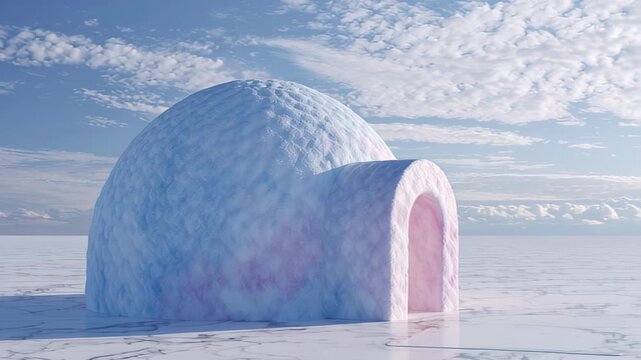 glowing pastel igloo floating above white marble surface, surreal minimal winter design