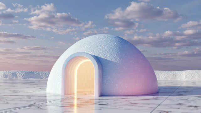 glowing pastel igloo floating above white marble surface, surreal minimal winter design