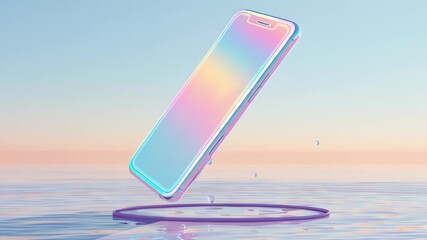 glowing holographic smartphone floating above pastel desk, surreal minimal tech style
