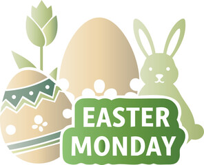Easter Monday celebration with bunny and decorated eggs on green background