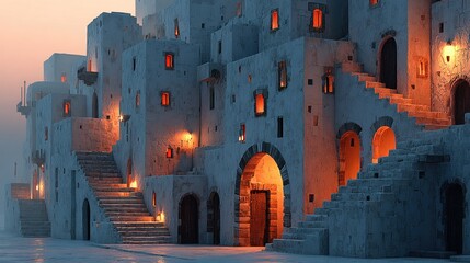 Ancient village with stone architecture glows warmly at twilight