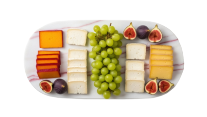 Isolated appetizer platter with cheese, grapes, and figs for easy design insertion