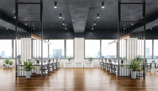 A modern open-space office interior featuring large windows, wooden flooring, contemporary desks, ergonomic office chairs, and stylish hanging lights. 3d illustration