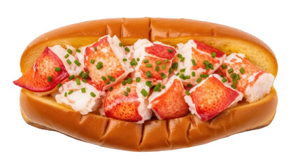Isolated lobster roll sandwich with toasted bun and fresh chives, served as entree lunch food