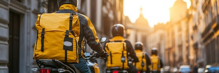 Delivery riders on scooters with yellow backpacks transport goods through a sunlit city street