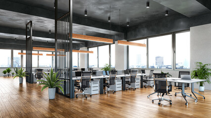 A modern open-space office interior featuring large windows, wooden flooring, contemporary desks, ergonomic office chairs, and stylish hanging lights. 3d illustration