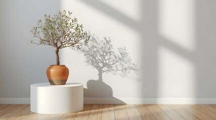 A minimalist interior scene features a small potted olive tree on a white pedestal