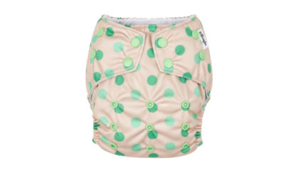 Isolated soft washable baby cloth diaper with green dots pattern, eco-friendly, adjustable fit