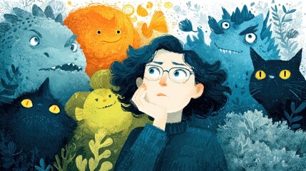 A whimsical illustration featuring a thoughtful young woman surrounded by fantastical creatures in a vibrant underwater scene