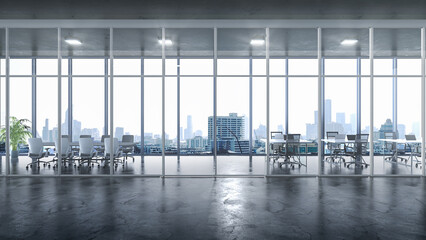 Modern office interior with glass walls overlooking a city skyline. 3d illustration
