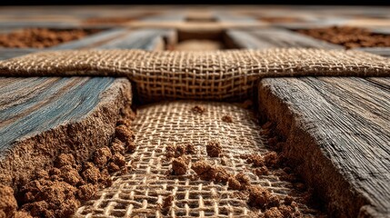 Close-up of burlap-covered planks, with brown powder spilling