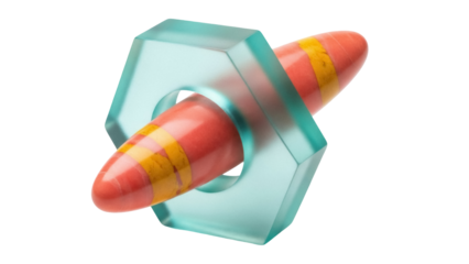 Isolated translucent nut with decorative pin, creative geometric design art object form