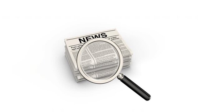 Magnifying glass and a stack of newspapers. Information search. Seamless loop.