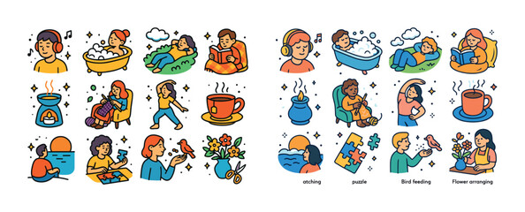 Illustrations of people enjoying hobbies and relaxation activiti
