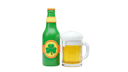 St. Patrick's Day Beer Bottle and Mug on White