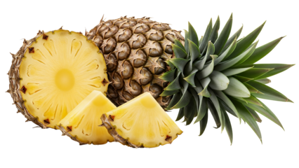 A whole pineapple fruit with the pineapple slices, white background isolated