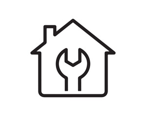 House maintenance and repair service line icon with wrench inside
