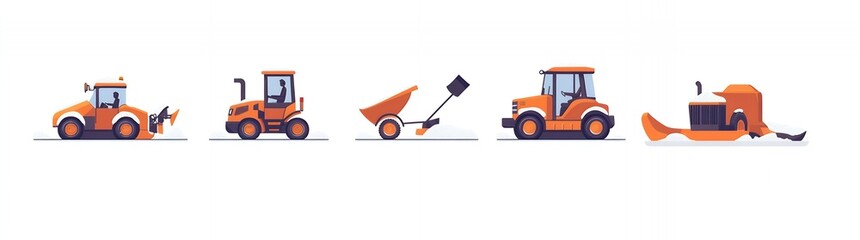 Four orange snow removal vehicles clearing snow in winter