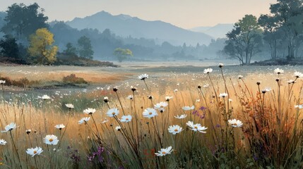 Misty Morning Meadow of Daisies and Golden Grass